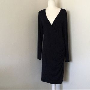 EUC Banana Republic Womens Mock Wrap Dress Solid Blue Midi V Neck Long Sleeve L